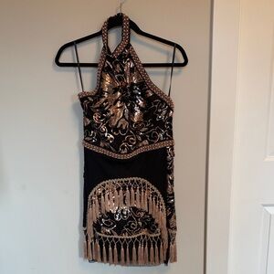 12th Tribe Gold Dust Black Gold Sequin Fringe Halter Mini Dress